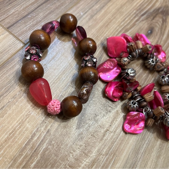 Womens Bracelet Stretch Wooden Beads, Purple Shells, Silver Accents Lot Of 2 - Picture 4 of 6